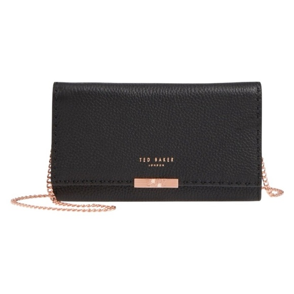 NWOT Ted Baker Janet Black Pebble Leather Matinée Wallet On Rose Gold Chain - Picture 1 of 15